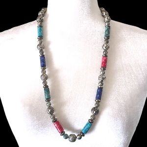 Multi Color Rock and Silver Rose Beaded Necklace